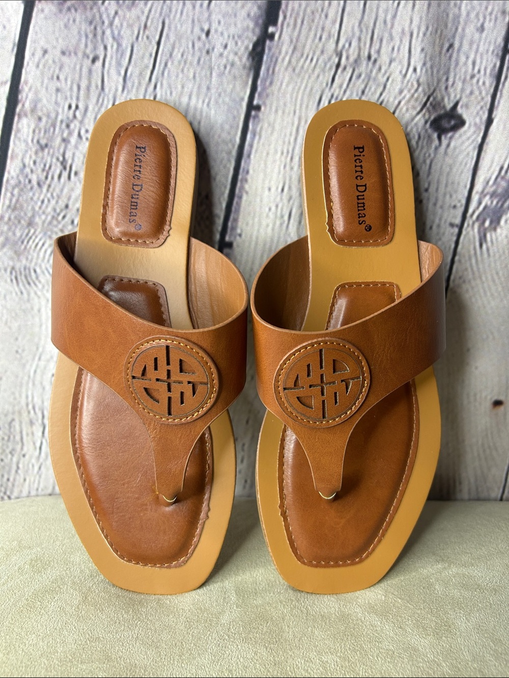 Pierre Dumas Cognac Brown Thong Sandals with Cutout Medallion
